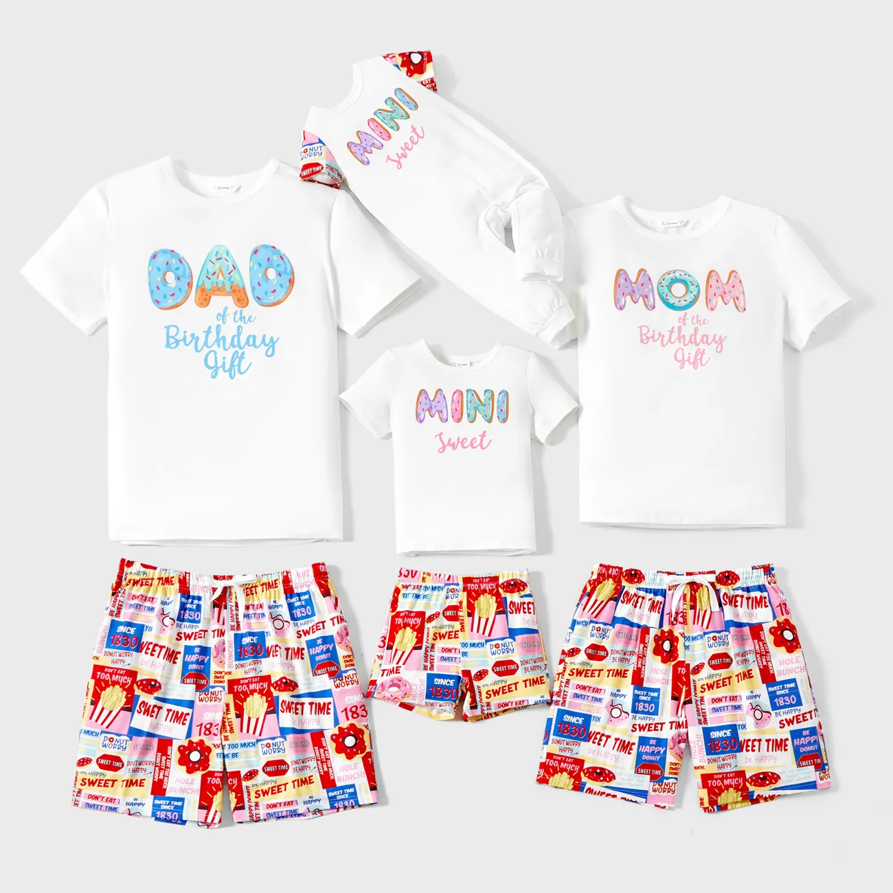 Family Matching Birthday Party Doughnut Pattern Top and Allover Shorts Pajamas Sets (Flame Resistant) MultiColour big image 1