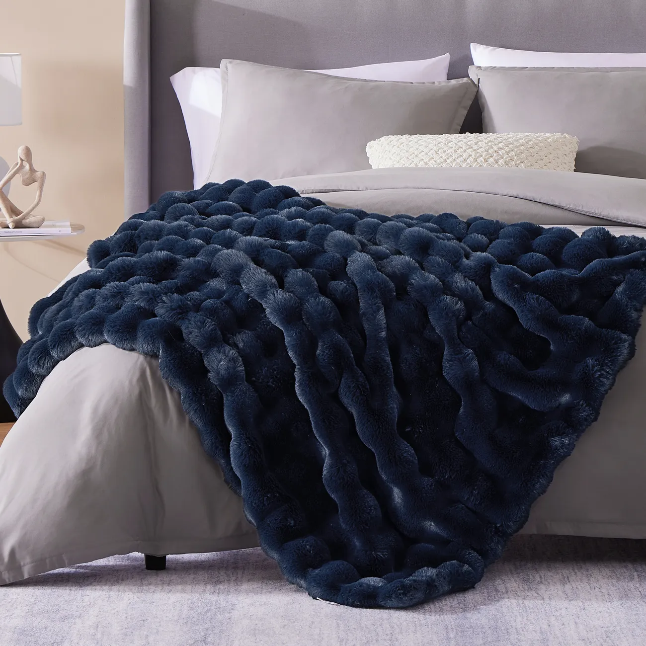 PatPat Double-Layer Plush Faux Rabbit Fur Bubble Jacquard Blanket Dark Blue big image 1
