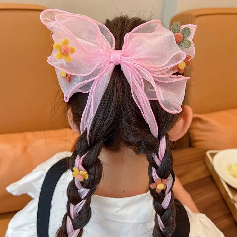 Toddler/kids Flower long ribbon bow hairpin Light Pink big image 1