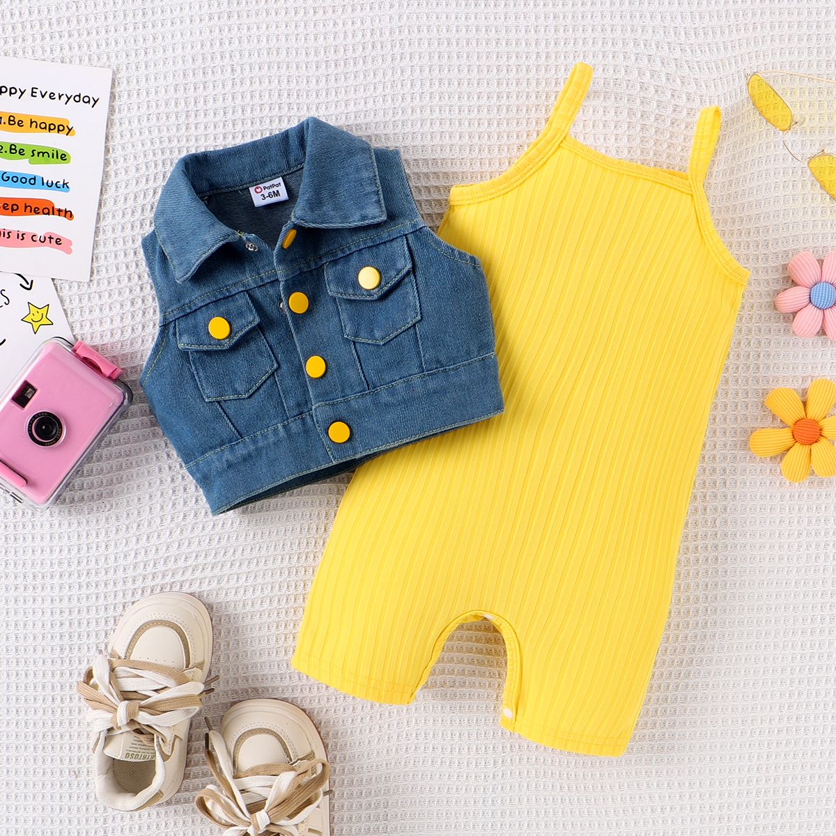 2pcs Baby Girl Solid Rib-knit Romper And Button Up Front Vest Denim Jacket Set