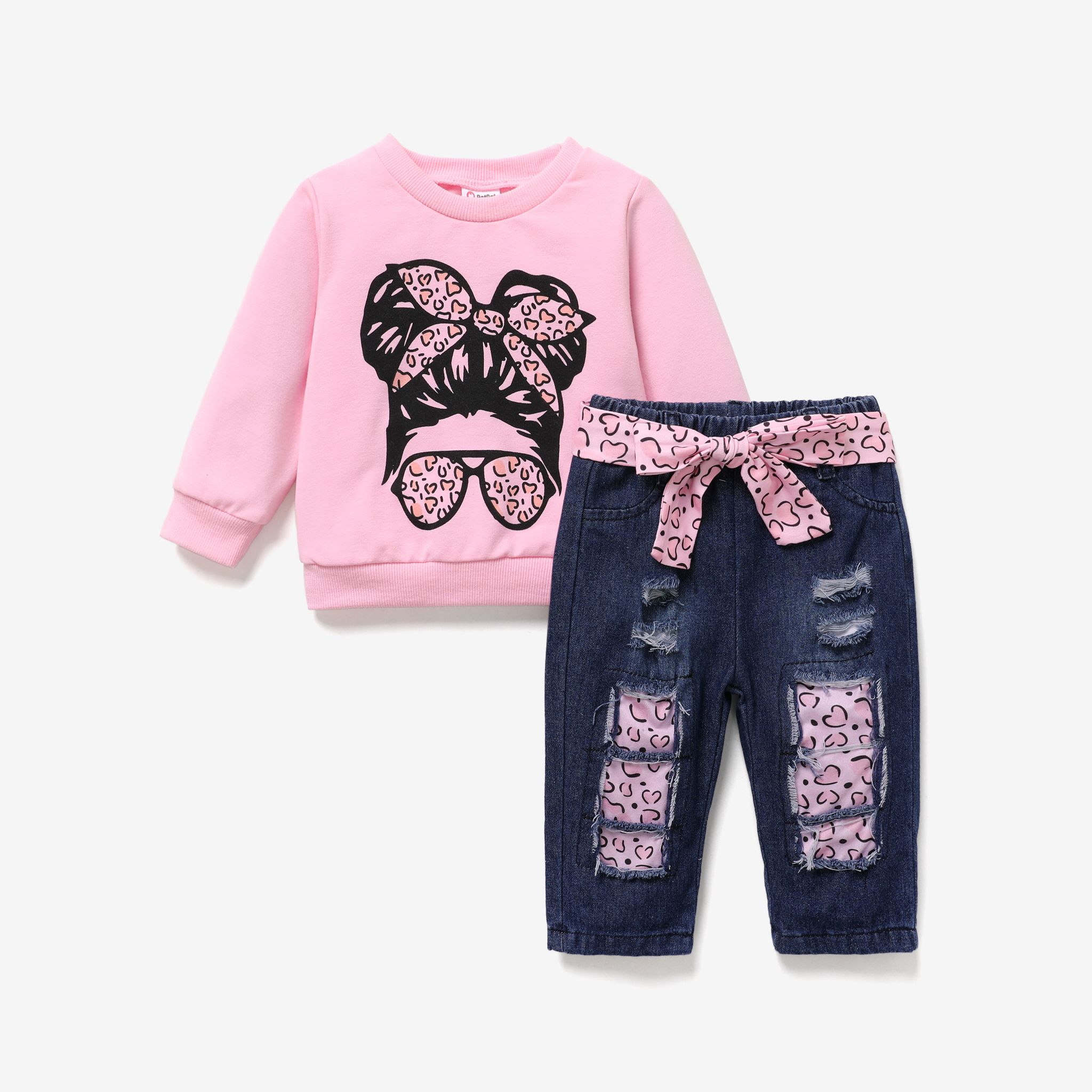 2pcs Baby Girl Figure Print Sweat-shirt à Manches Longues Et 100% Cotton Bow Decor Ensemble De Jeans Déchirés
