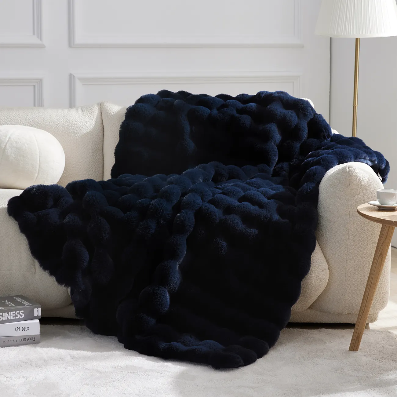 PatPat Double-Layer Plush Faux Rabbit Fur Bubble Jacquard Blanket Dark Blue big image 1