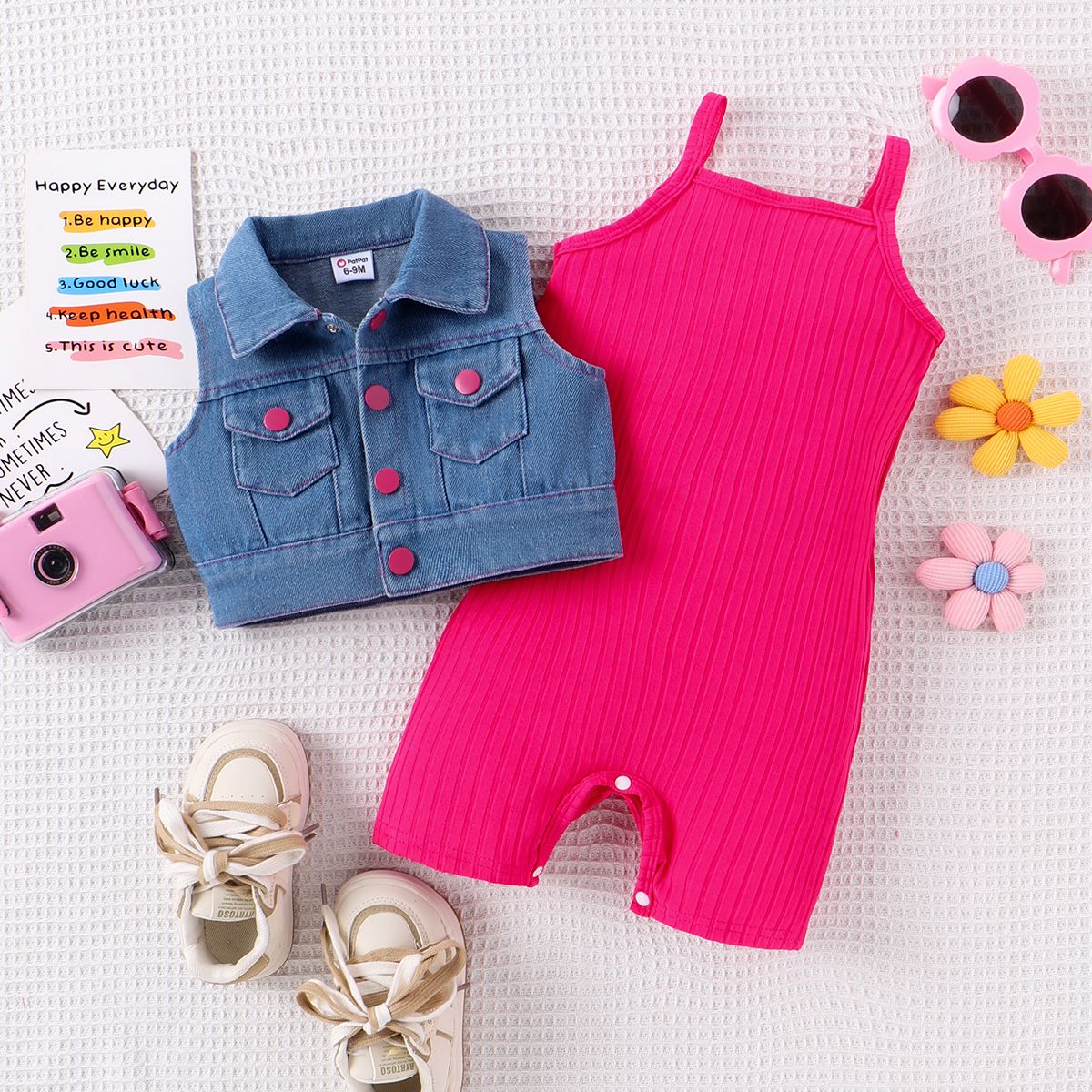 2pcs Baby Girl Solid Rib-knit Romper And Button Up Front Vest Denim Jacket Set