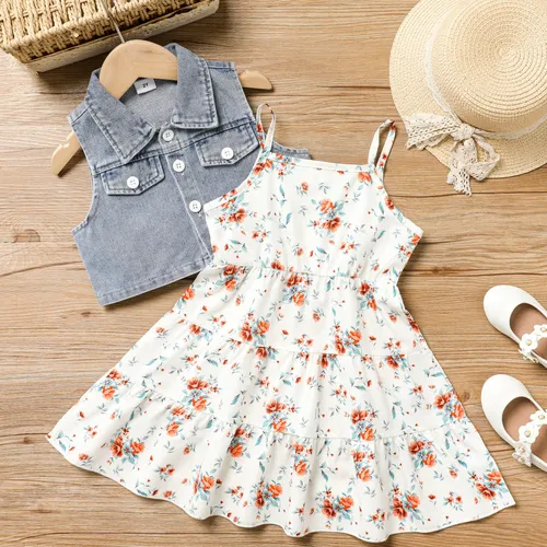 2pcs Toddler Girl Sweet Denim Vest and Floral Dress Set