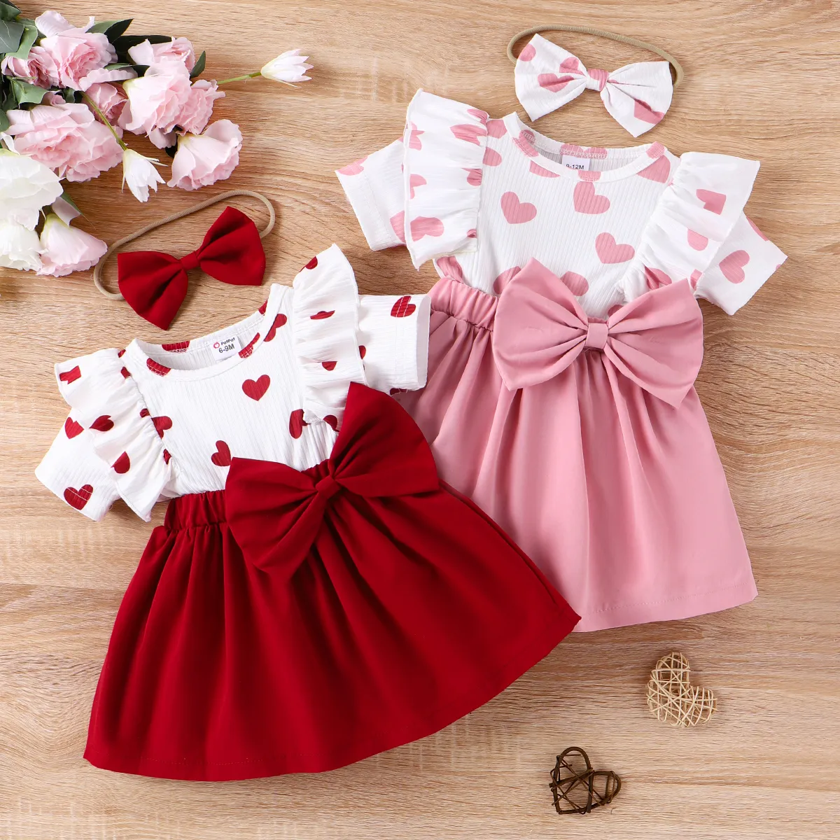 2pcs Baby Girl Heart Print Ruffled Faux-two Bowknot Dress & Headband Set Pink big image 1