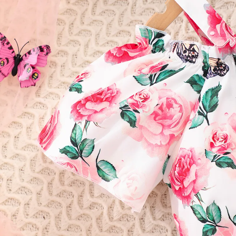  3pcs Toddler Girls' Sweet Hanging Strap Plants and Floral Rose Pattern Top and Belt and  Pants Set  Pink big image 1