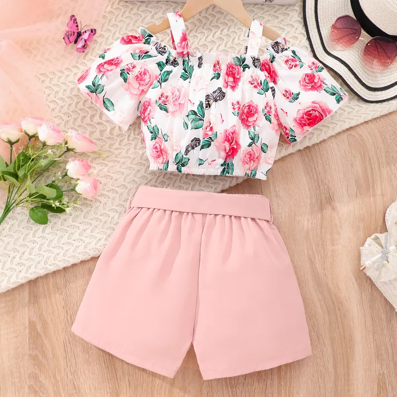  3pcs Toddler Girls' Sweet Hanging Strap Plants and Floral Rose Pattern Top and Belt and  Pants Set  Pink big image 1