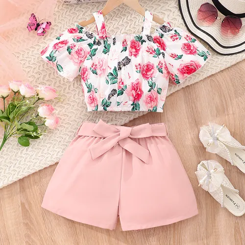  3pcs Toddler Girls' Sweet Hanging Strap Plants and Floral Rose Pattern Top and Belt and  Pants Set 