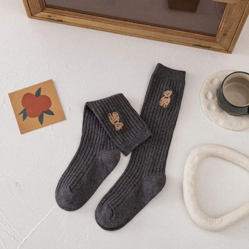 Toddler/Kids Girl Over-the-Knee Socks Featuring Cute Bear Embroidery