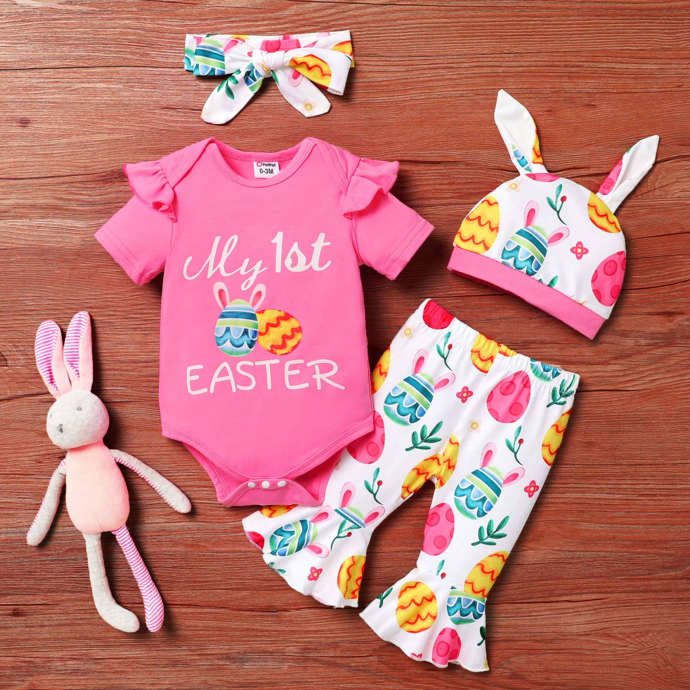 4pcs Baby Girl  Easter Set with Alphabet Print Top, Printed Leggings, Hat and Headband
