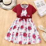 2-piece Kid Girl Floral Print Bowknot Design Sleeveless Dress and Cardigan Set Red