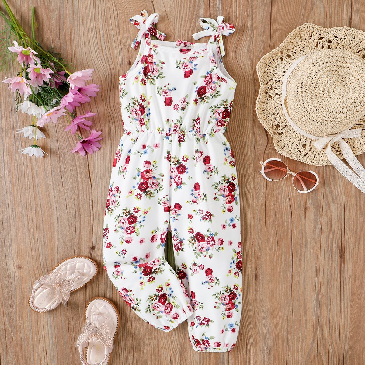 Toddler Girl Sweet Floral Print Bowknot Design Sleeveless Jumpsuits