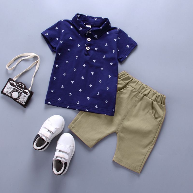 2pcs Toddler Boy Preppy style Anchor Print Polo Shirt and Shorts Set