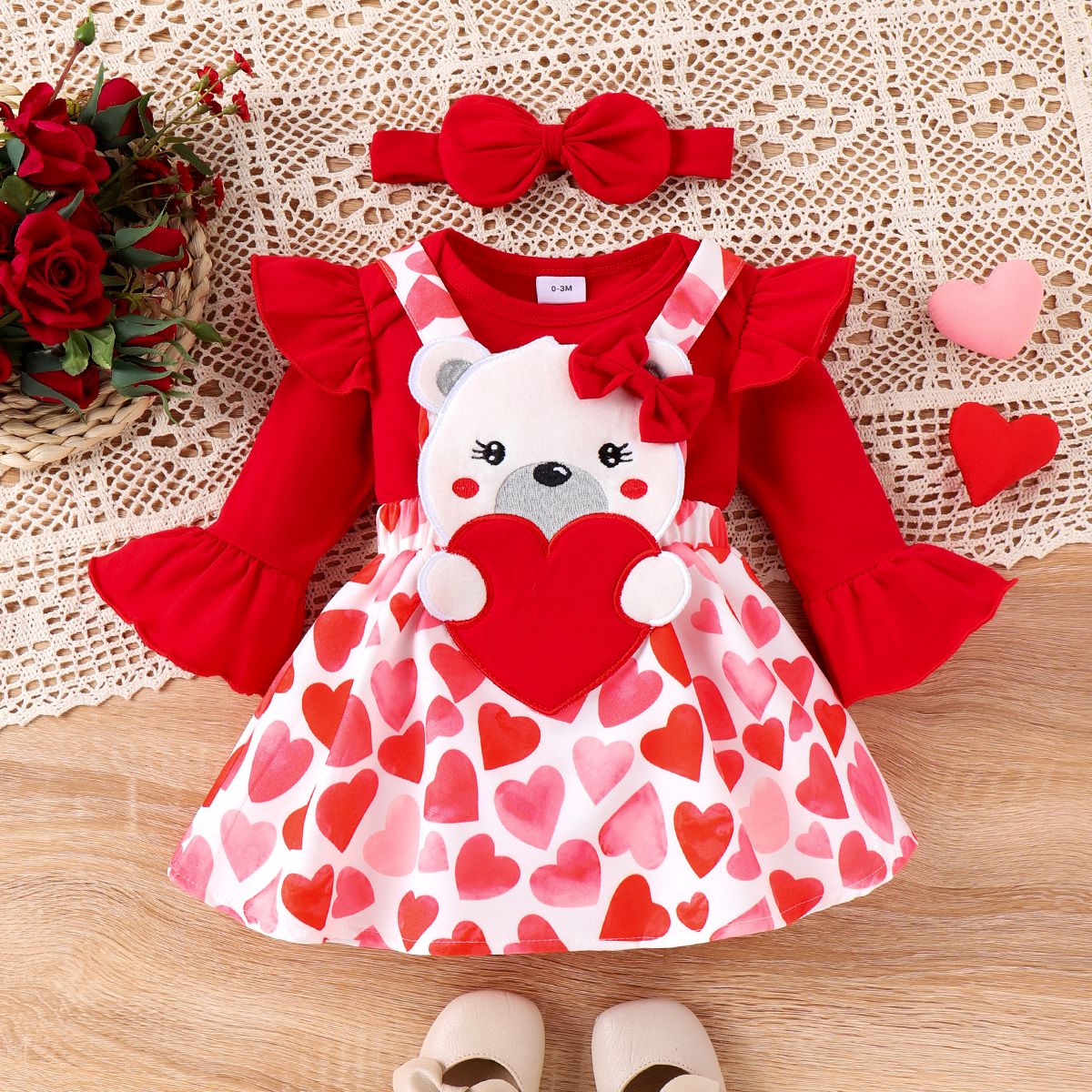 3PCS Baby Girl Valentine's Day Heart Bear Embroidery Romper and Overall Skirt Set