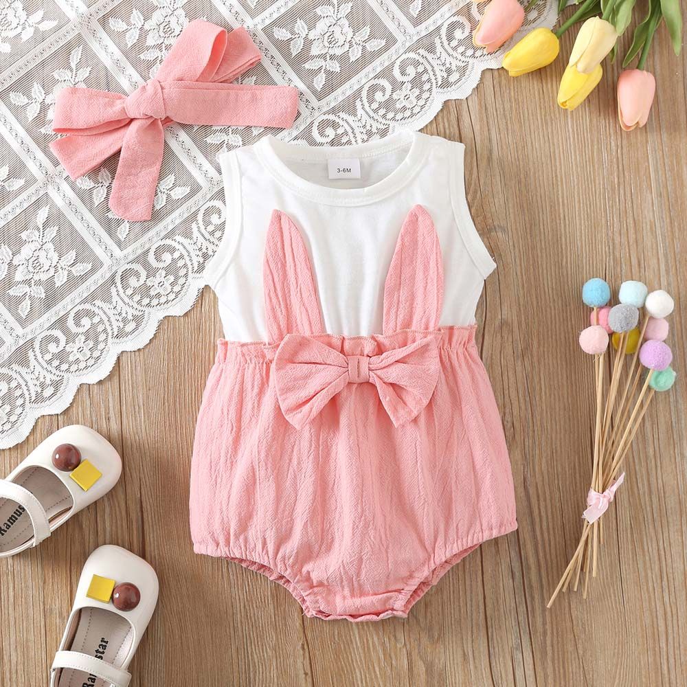 Baby Girl  Summer Fashion Butterfly Bowknot Rabbit Ear Patchwork Triangular Climbing Jumpsuit and He
