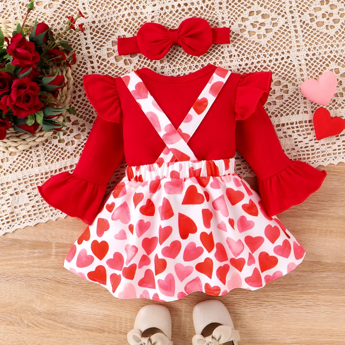 3PCS Baby Girl Valentine‘s Day Heart Bear Embroidery Romper and Overall Skirt Set Red big image 1