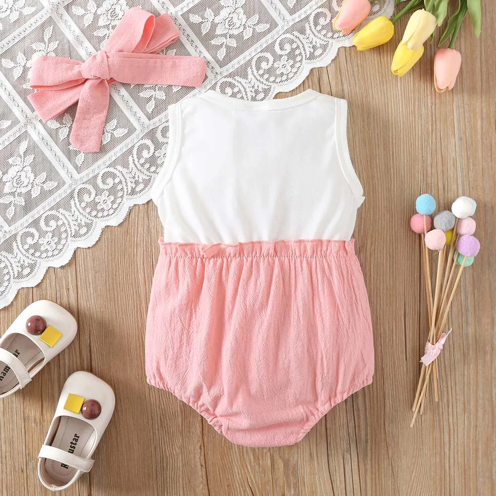 Baby Girl  Summer Fashion Butterfly Bowknot Rabbit Ear Patchwork Triangular Climbing Jumpsuit and Headband Set White big image 1