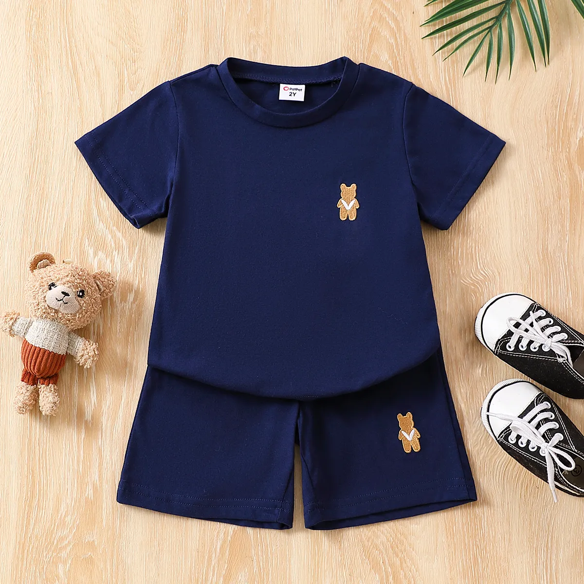 Toddler Boy 2pcs Casual Solid Tee and Shorts Set Dark Blue big image 1