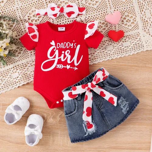 2pcs Baby Girl Sweet Letter Pattern Flutter Sleeve Heart Top and Denim Skirt Set 
