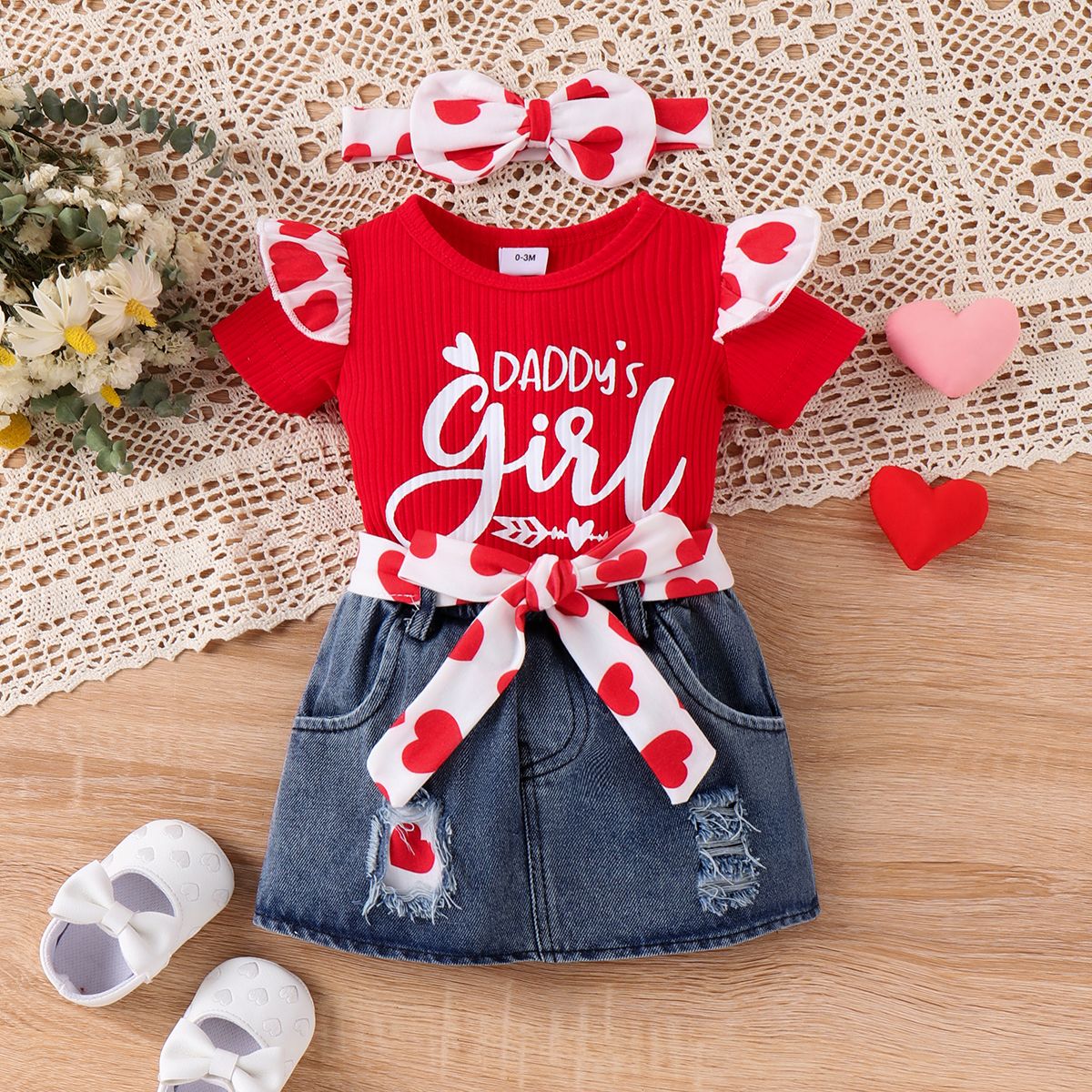 2pcs Baby Girl Sweet Letter Pattern Flutter Sleeve Heart Top And Denim Skirt Set