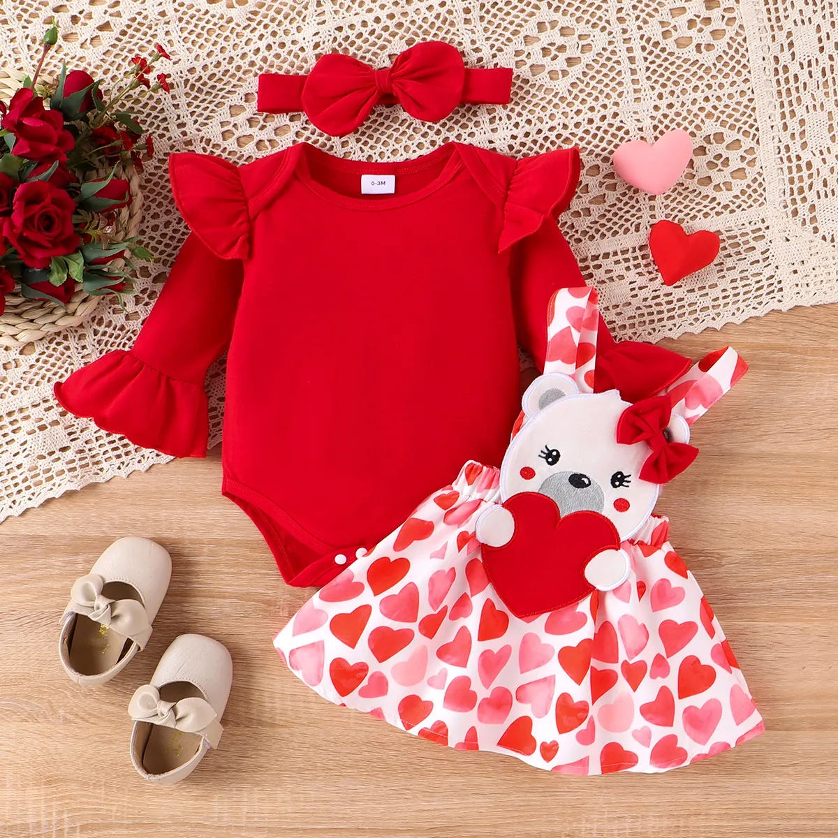 3PCS Baby Girl Valentine‘s Day Heart Bear Embroidery Romper and Overall Skirt Set Red big image 1
