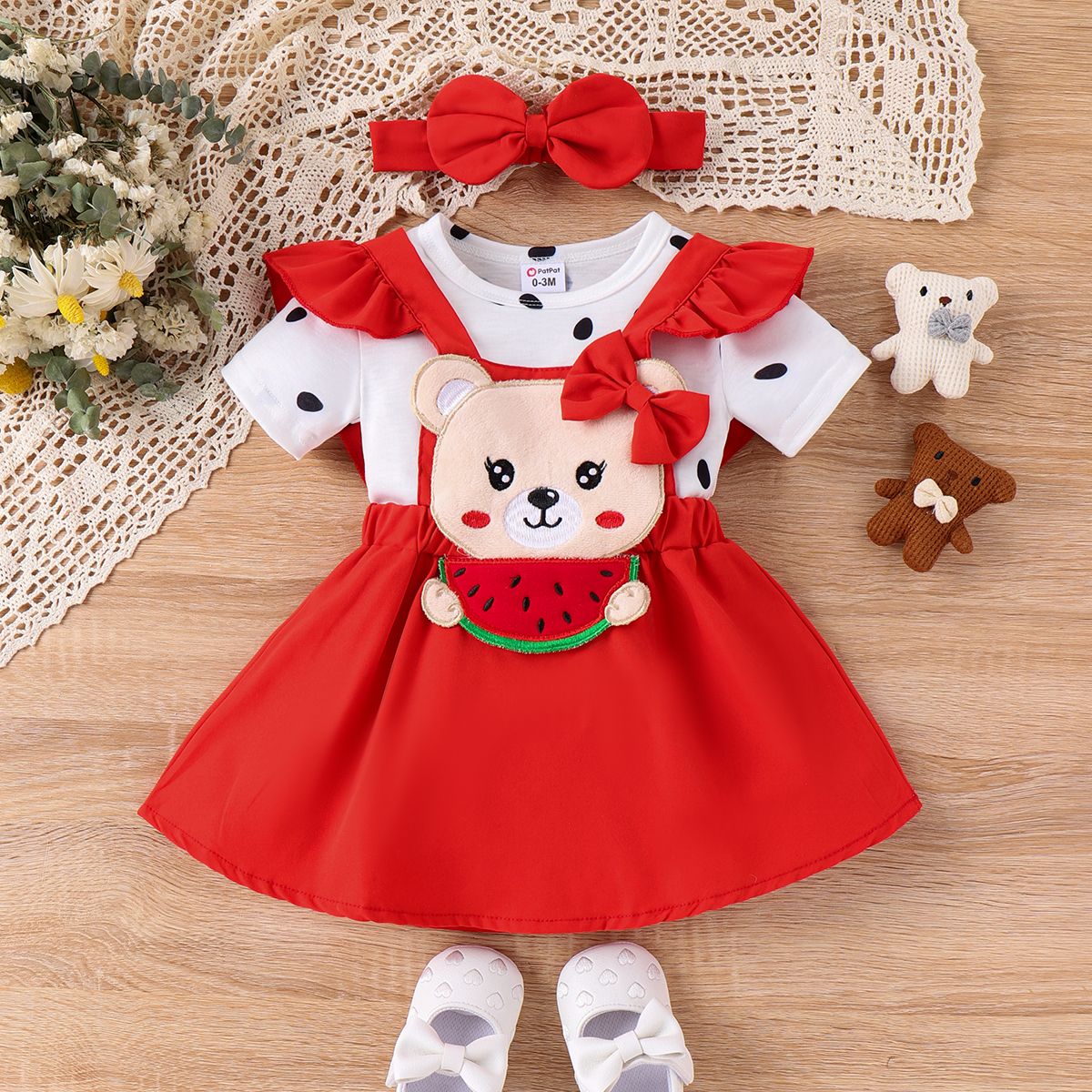 3pcs Baby Girl Bear 3D Design Overalls Dress And Polka Dots Print Romper With Headband