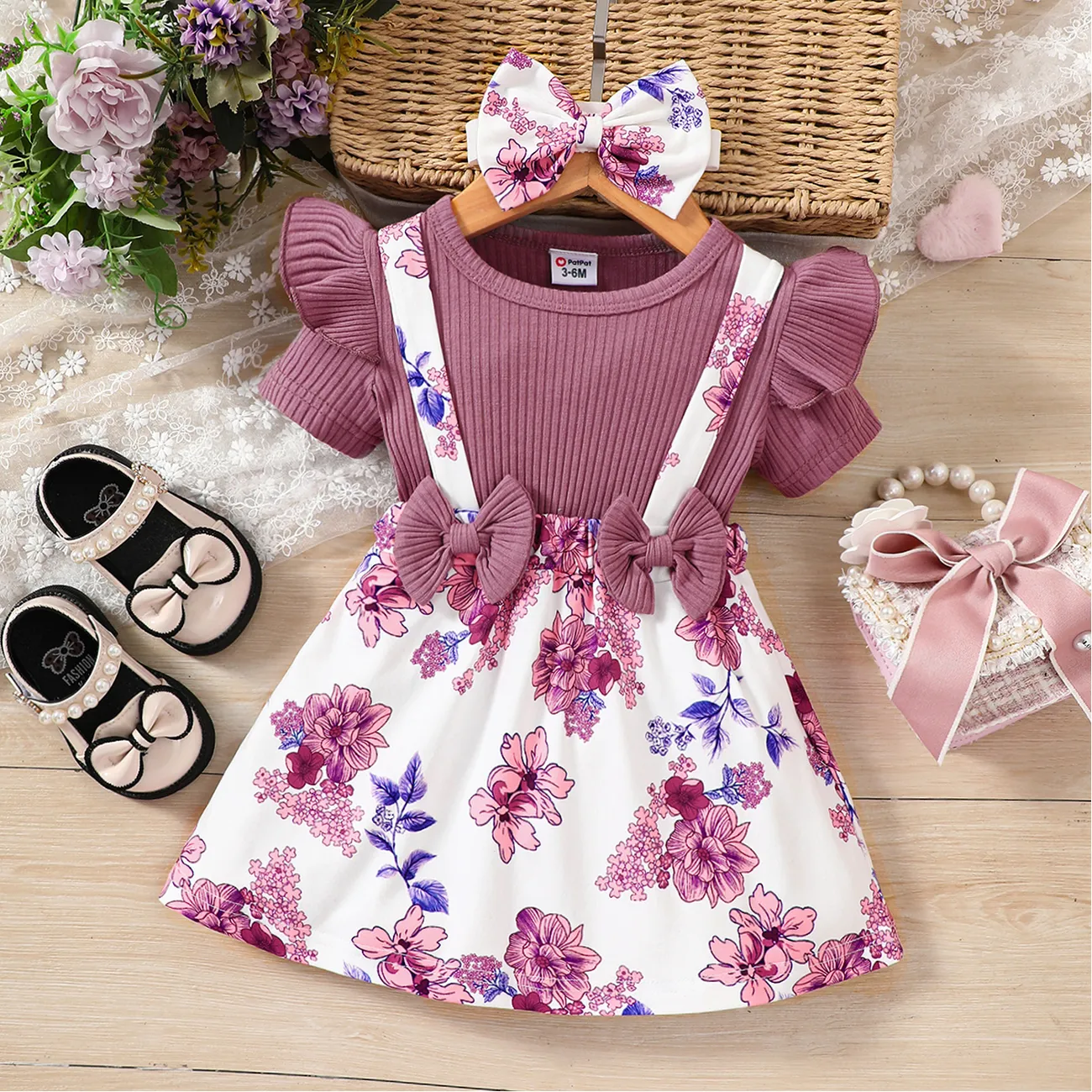 2pcs Baby Girl 95% Cotton Ruffled Bow Front Faux-two Short-sleeve Floral Print Dress & Headband Set Purple big image 1
