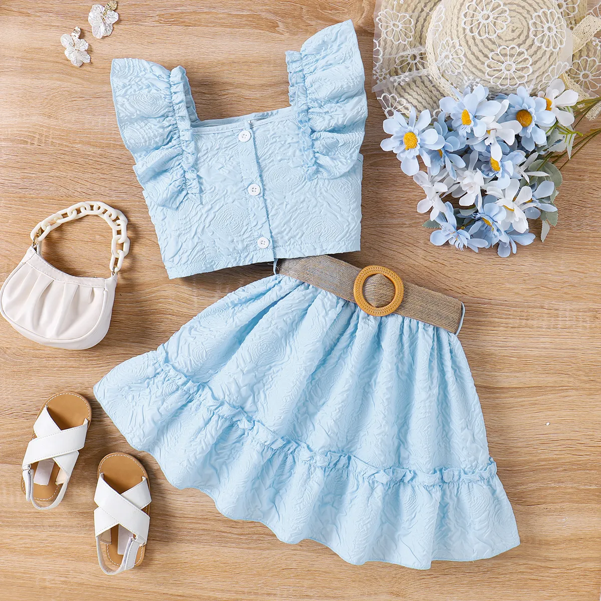 2pcs Kid Girl Floral Textured Square Collar Ruffled Top and Belted Skirt Set Light Blue big image 1
