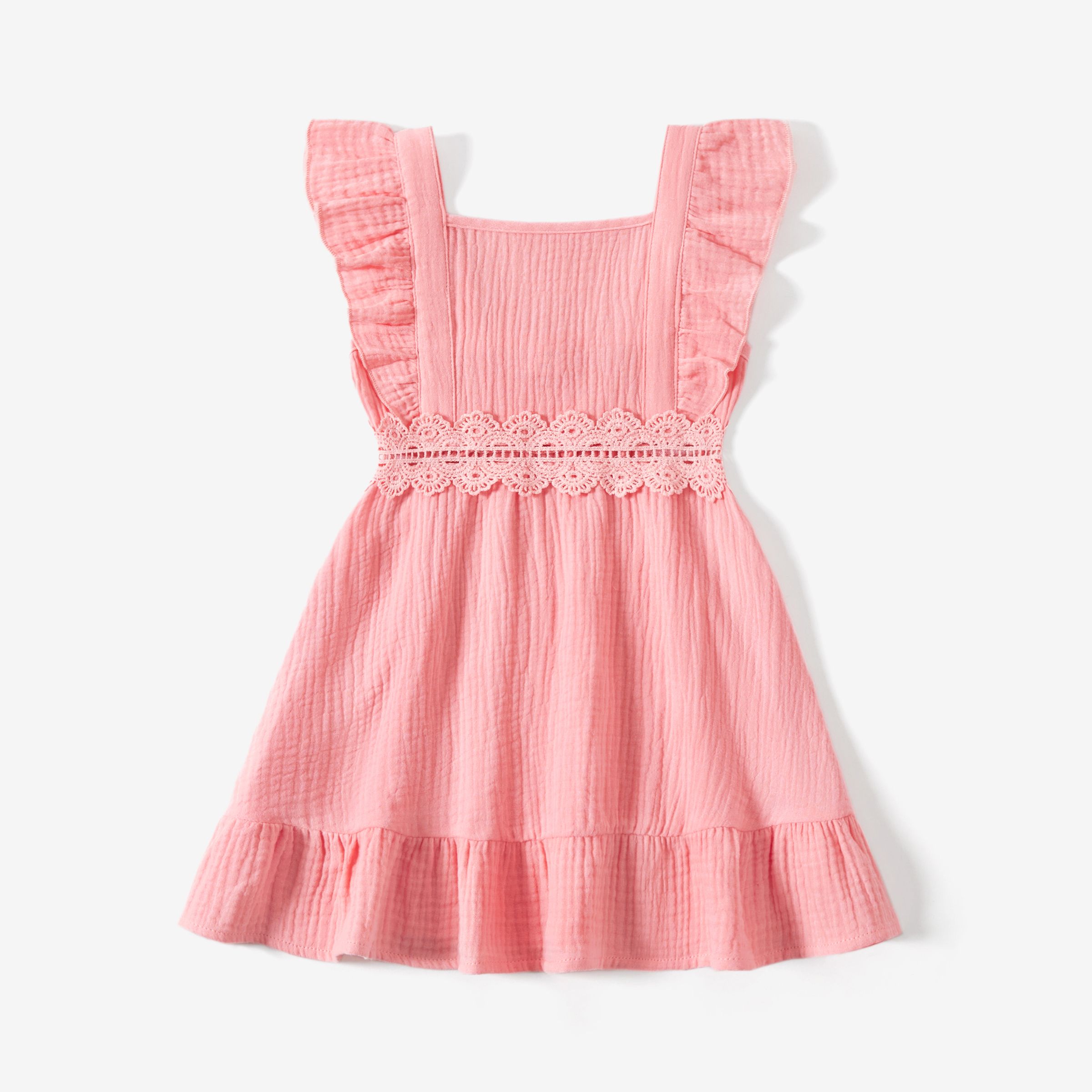 Family Matching Plaid Shirt And Pink Cotton Shirred Back Lace Waist Flutter Strap Dress Sets