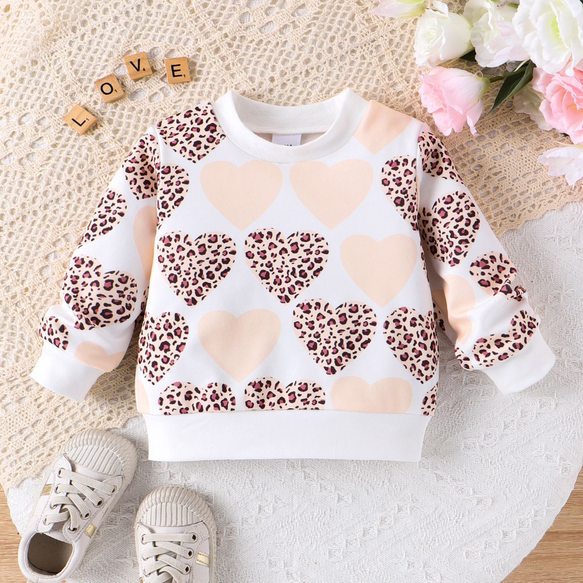 

Baby Girl Allover Leopard Heart Print Long-sleeve Sweatshirt