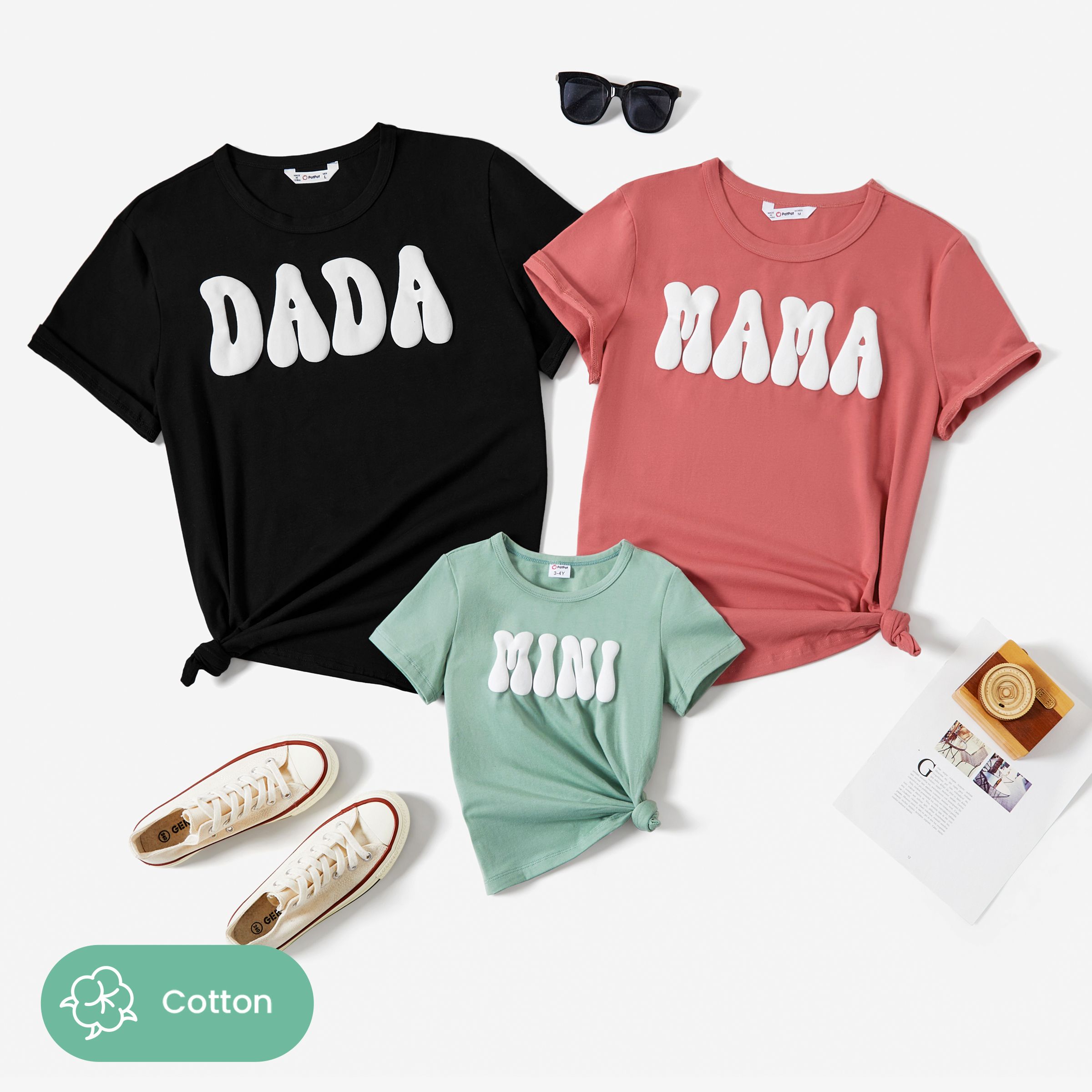 Family Matching Solid Color 3D Cute Letter Cotton T-shirt