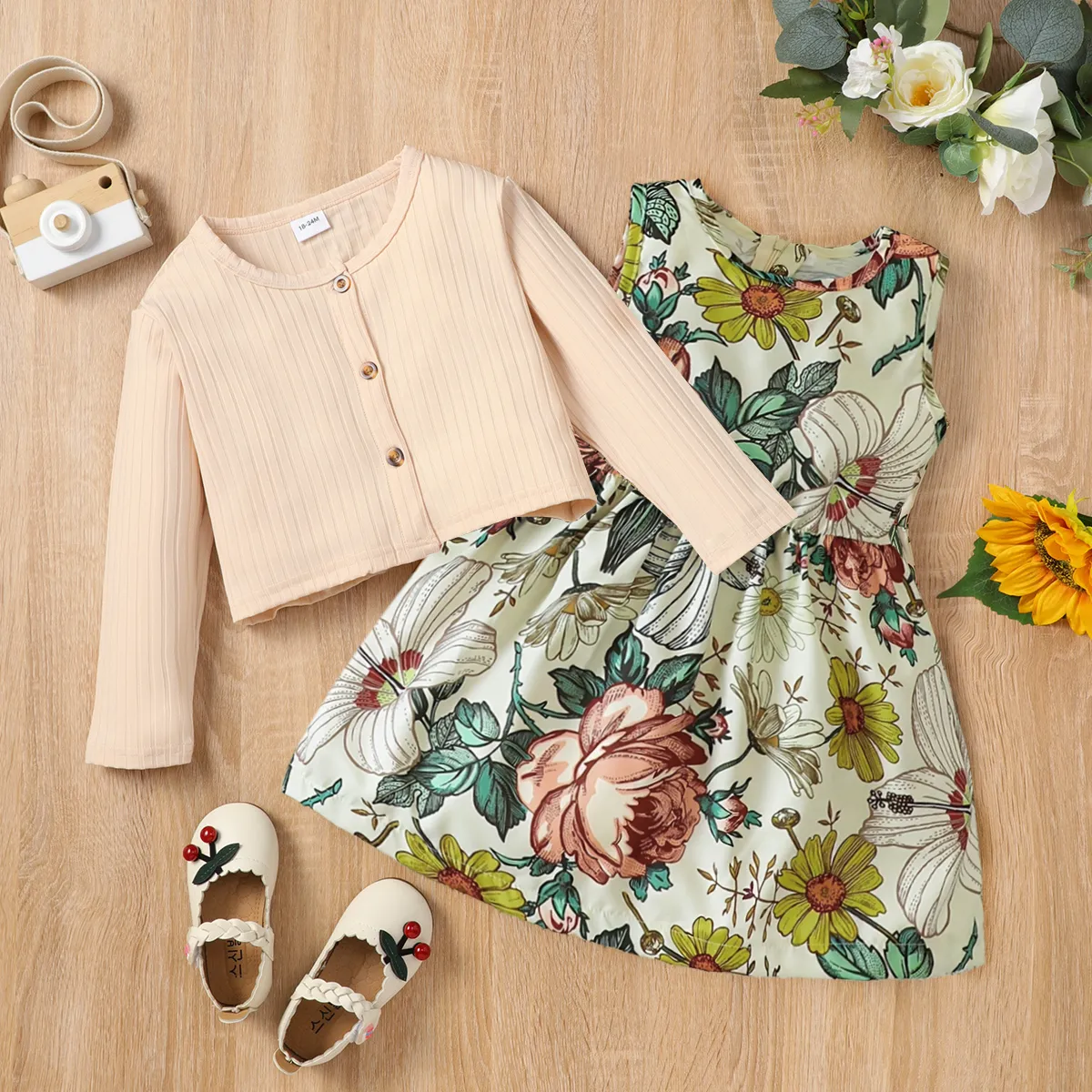2-piece Toddler Girl Floral Print Sleeveless Dress and Button Design Long-sleeve Cardigan Set Apricot big image 1