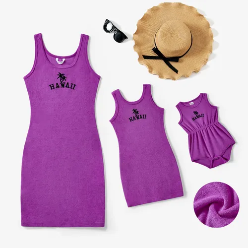 Mommy and Me Purple Embroidery Terry Tank Body-con Dresses 