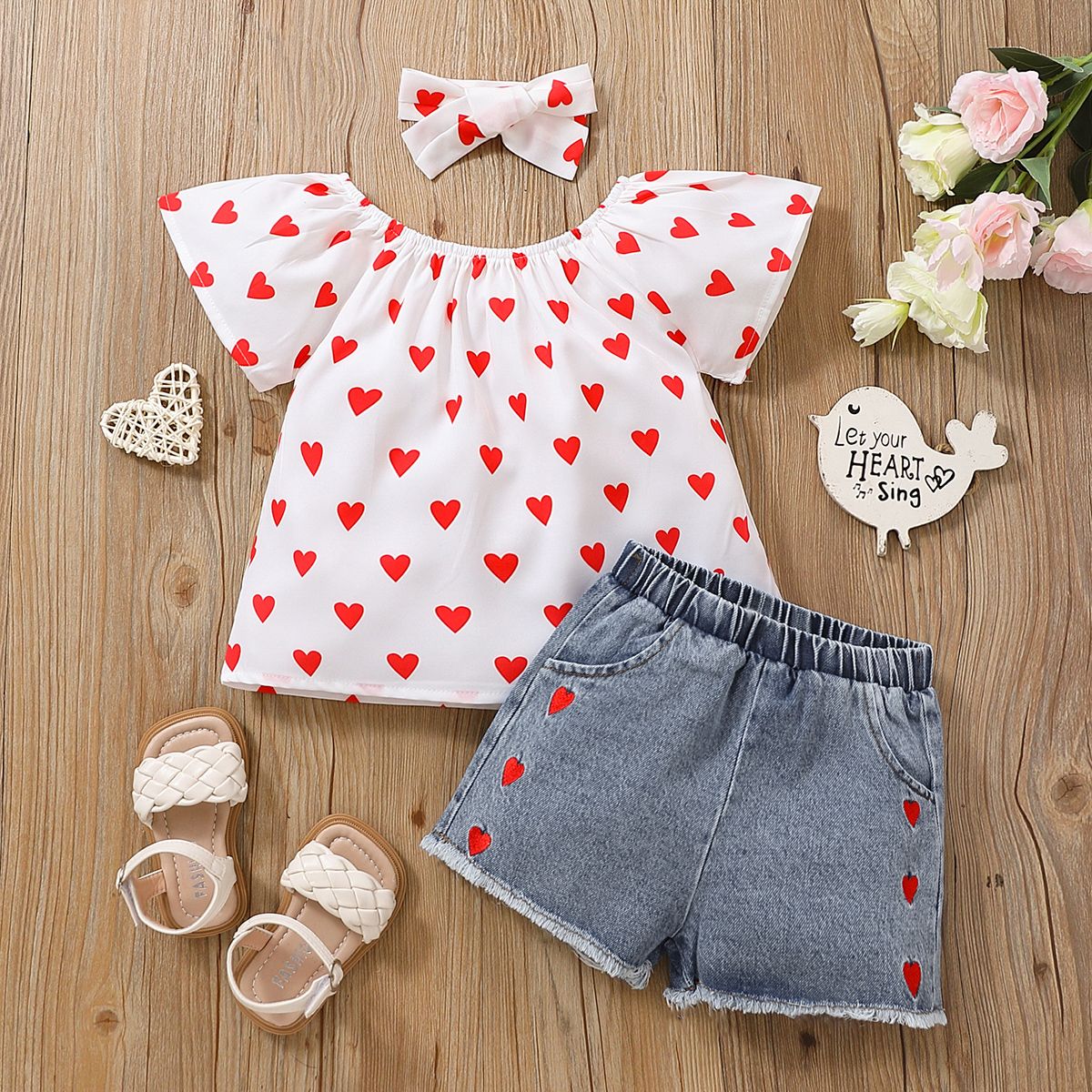 3pcs Toddler Girl Heart Print Short-sleeve Blouse And Denim Shorts & Headband Set