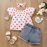 3pcs Toddler Girl Heart Print Short-sleeve Blouse and Denim Shorts & Headband Set Pink