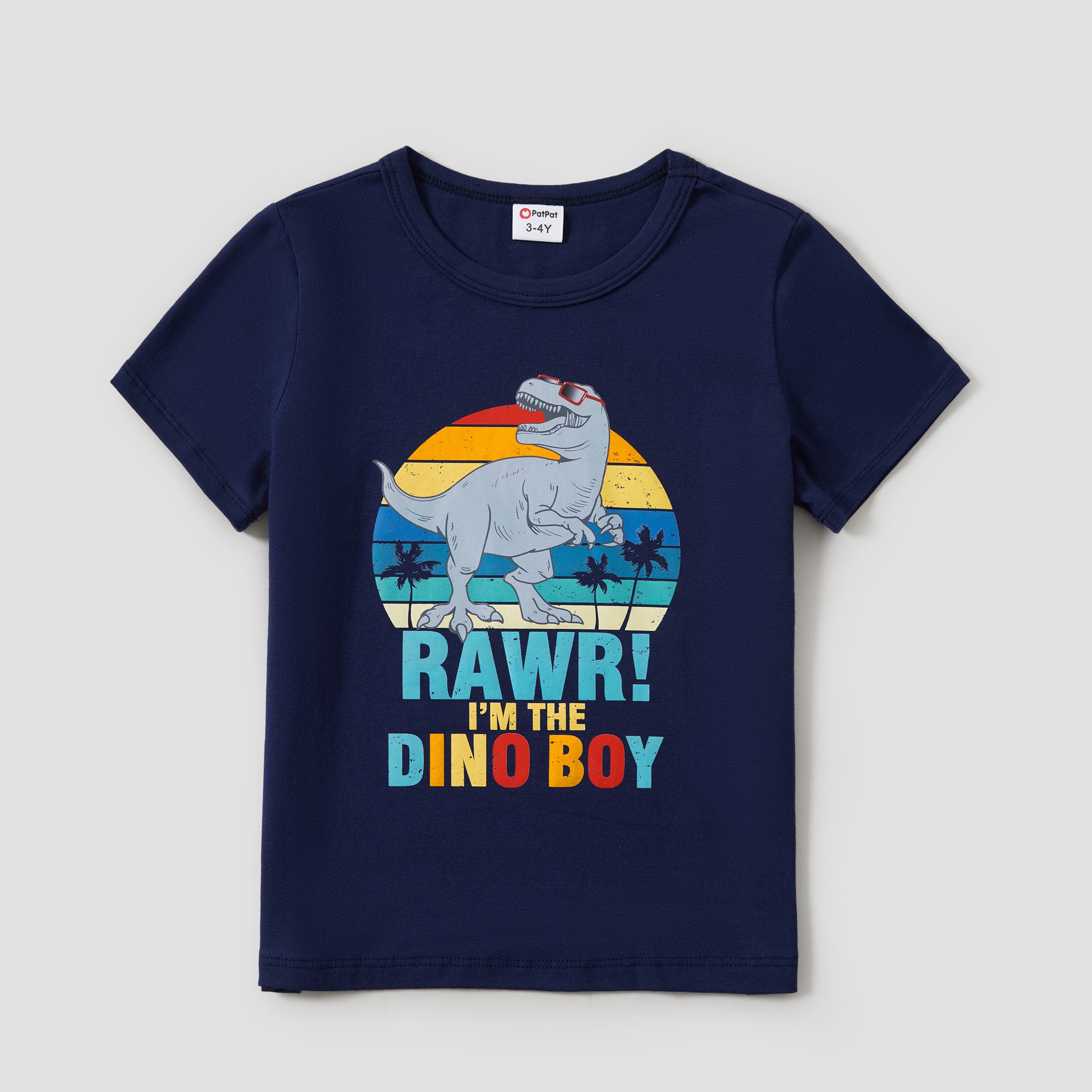 Family Matching Solid Color Dinosaur And Letter Printed Cotton Tee