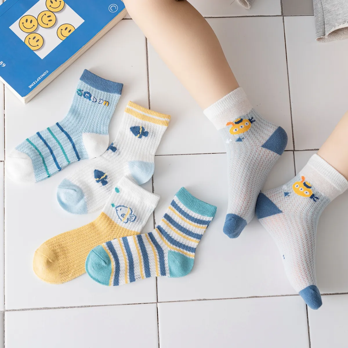 5 件裝嬰兒/幼兒/兒童女孩/男孩童趣網眼中小腿襪