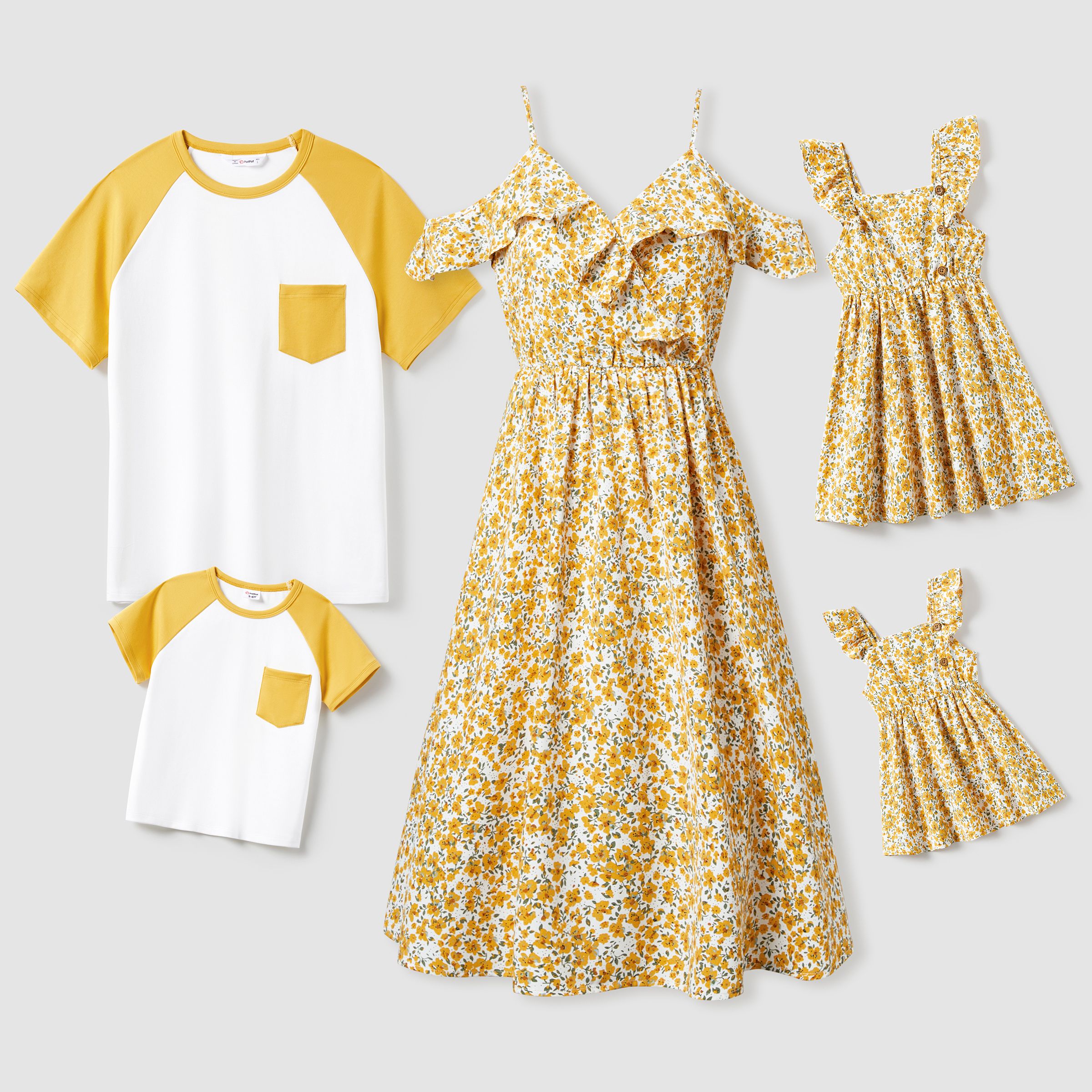 

Family Matching Raglan Sleeves Tee and Ditsy Floral Ruffle Trim Strap Dress Sets
