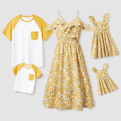 Family Matching Raglan Sleeves Tee and Ditsy Floral Ruffle Trim Strap Dress Sets