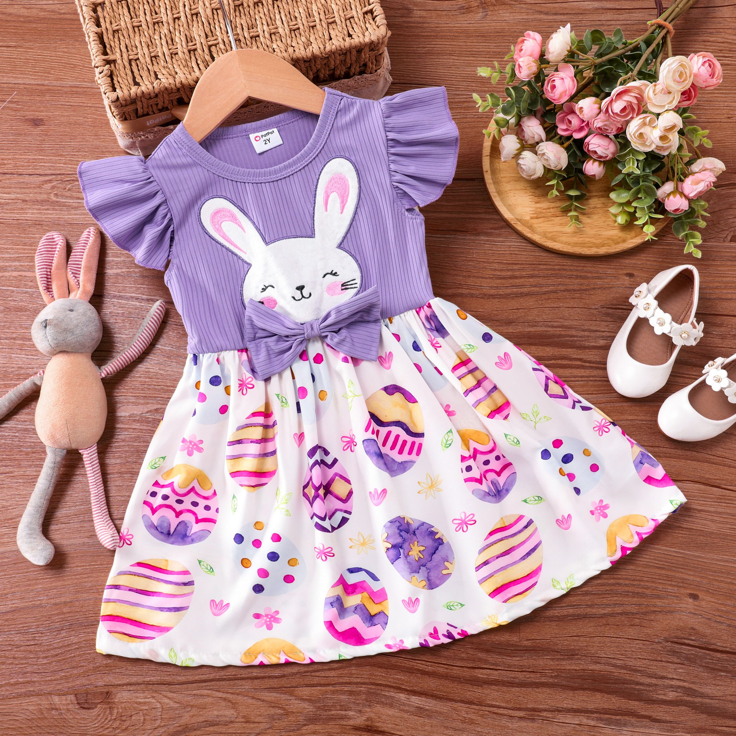 Toddler  Girl Easter Rabbit Ruffle Edge Dress