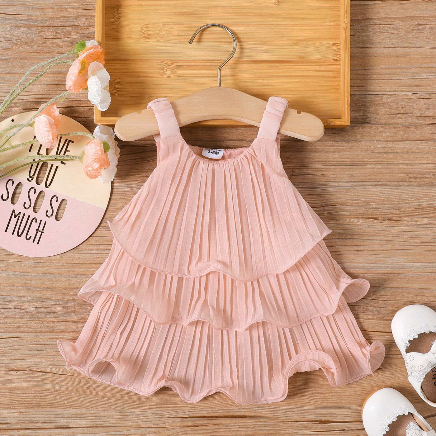 Baby Girl Pink Lettuce Trim Layered Pleated Dress