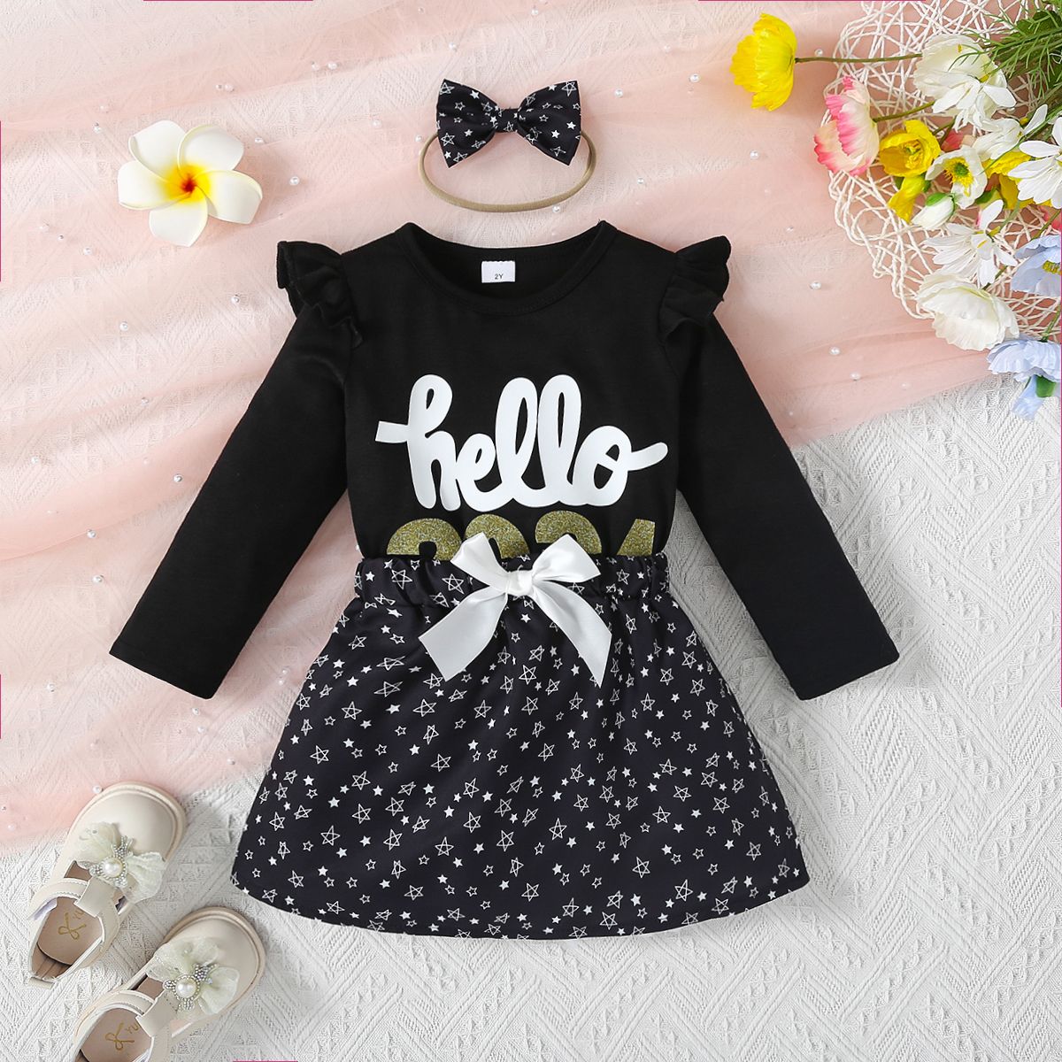 3pcs Toddler Girl's Sweet Flutter Sleeve Letter Pattern Dress Set With Headband
