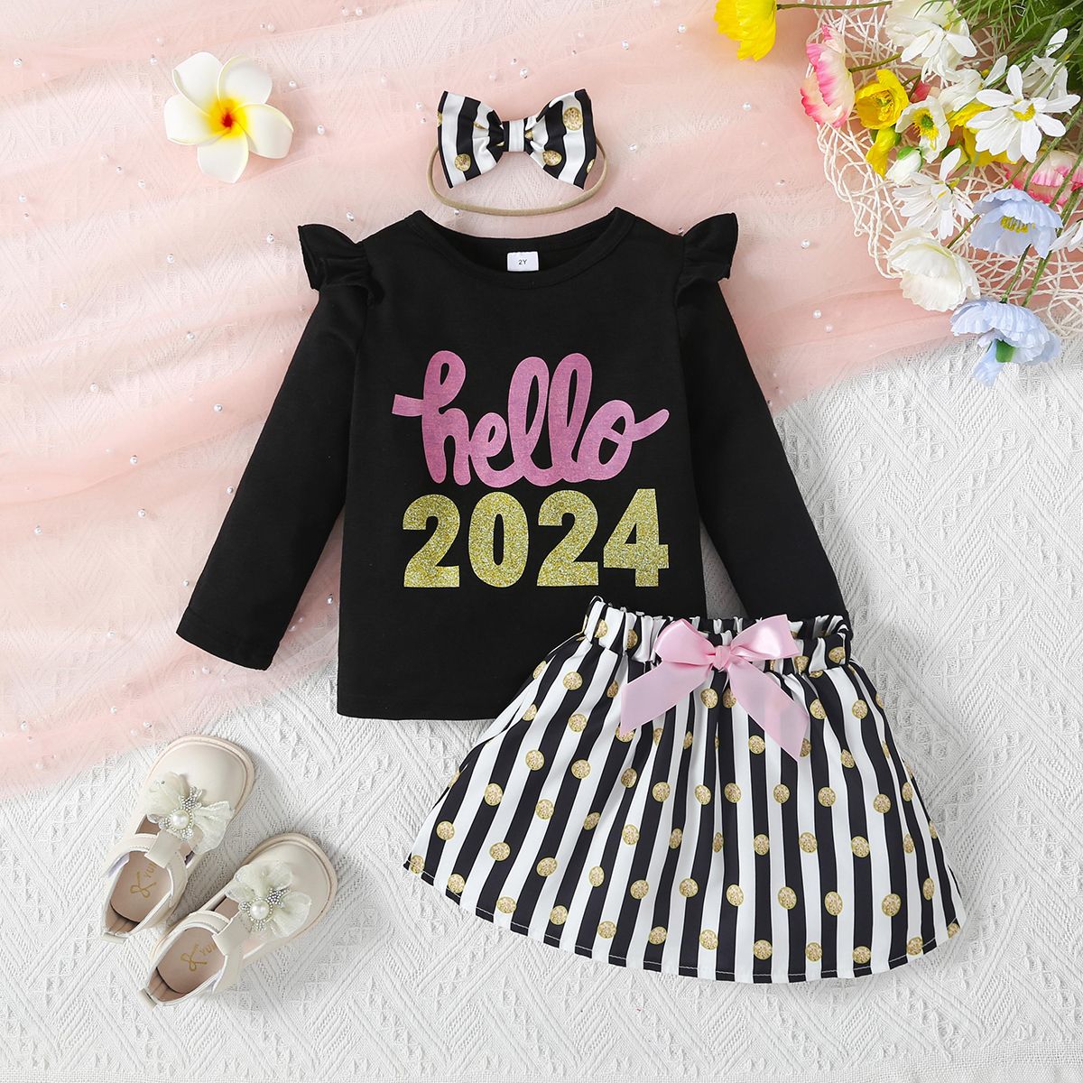 

3pcs Toddler Girl's Sweet Flutter Sleeve Letter Pattern Dress Set with Headband