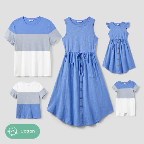Family Matching Sets Color Block Tee and A-line Tank Dress with Drawstring, Pockets and Buttons 