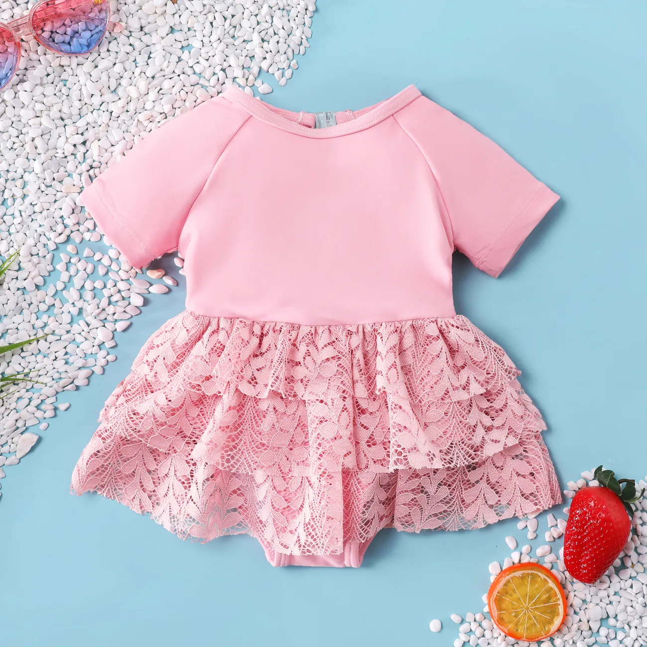 嬰兒 女 荷葉邊 甜美 短袖 泳衣 粉色 big image 1