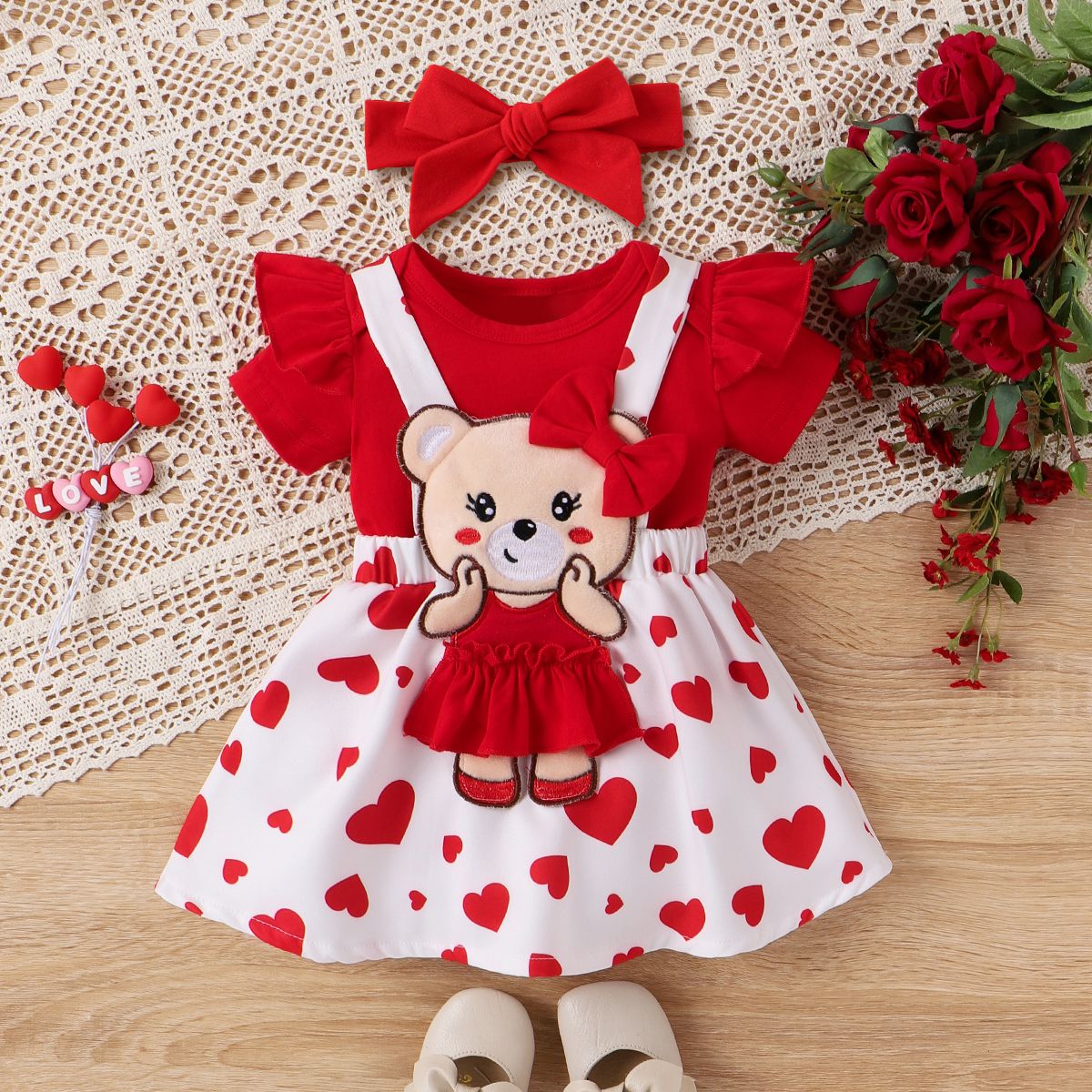 2pcs Baby Girl Valentine's Day Animal Pattern Bear Flutter Sleeve Vest And Skirt  Set