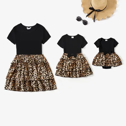 Mommy and Me Rib Black Top e Leopard Print Tiered Conjuntos de saias plissadas