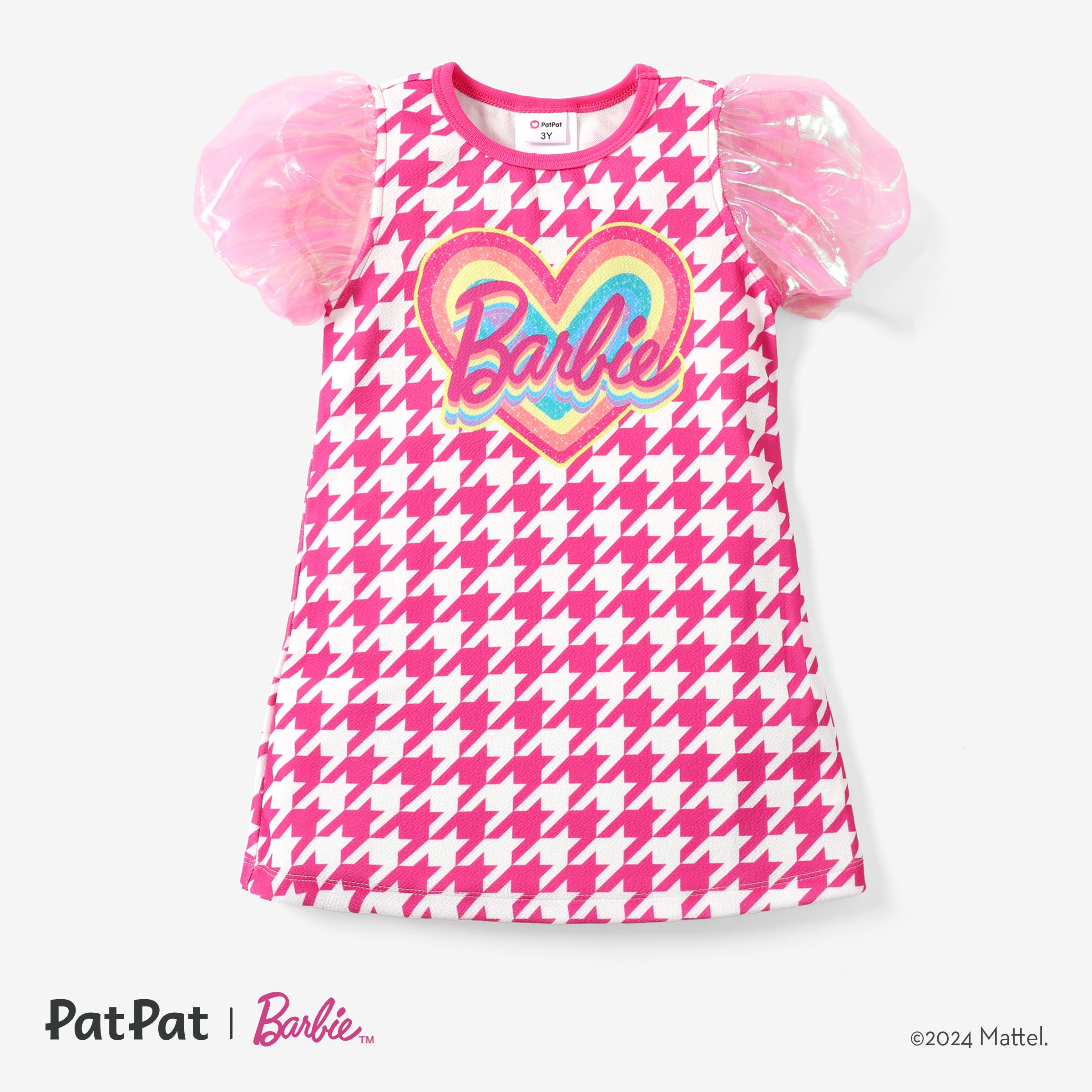 Barbie Kid/toddler Girl Glossy Color Mesh Puff Sleeve Petite Houndstooth A-Line Dress