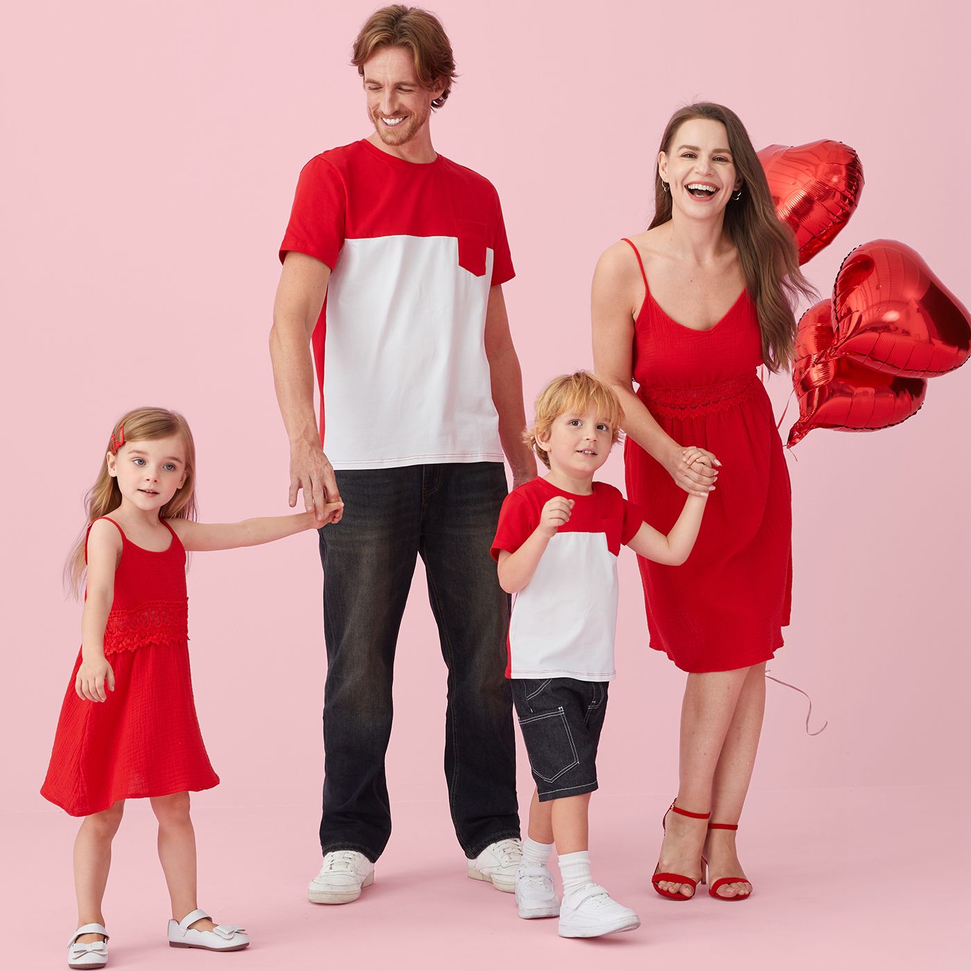 Valentine's Day Family Matching Colorblock T-shirt And Red Cotton Lace Trim Strap Dress Sets