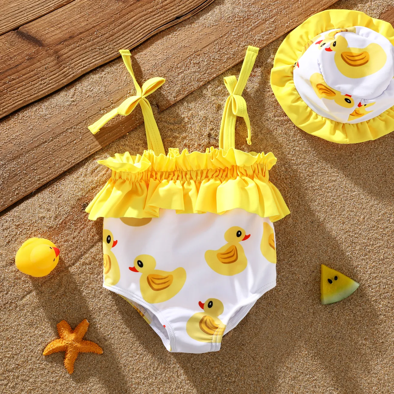 Baby Girl 2pcs Childlike Animal Ruffle Swimsuit with Hat Yellow big image 1